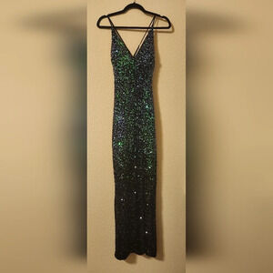Pear Culture Deep V-Neck Ombre Sequin X-Back High Slit Long Dress